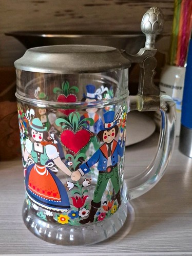 Glas bierkrug mit zinndeckel - glas-bierkrug,
