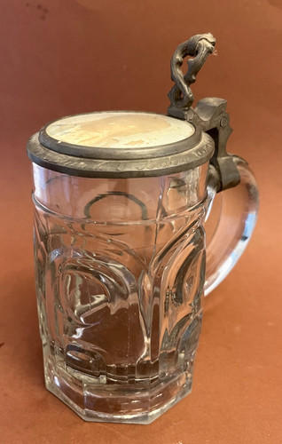 Alter bierkrug glas - alter, zinndeckel